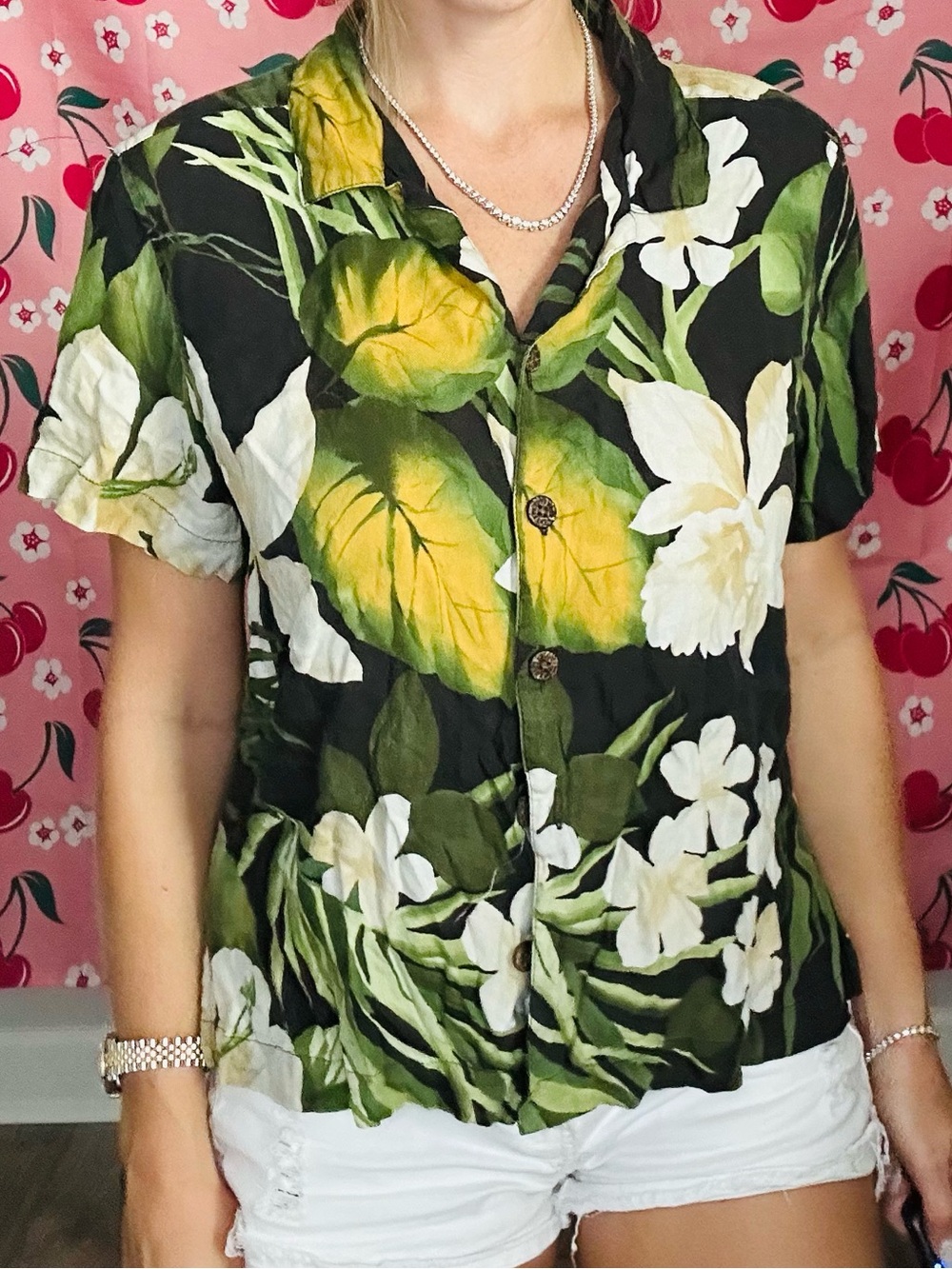 Caribbean Joe Black Short-Sleeve Floral Button-Front Shirt